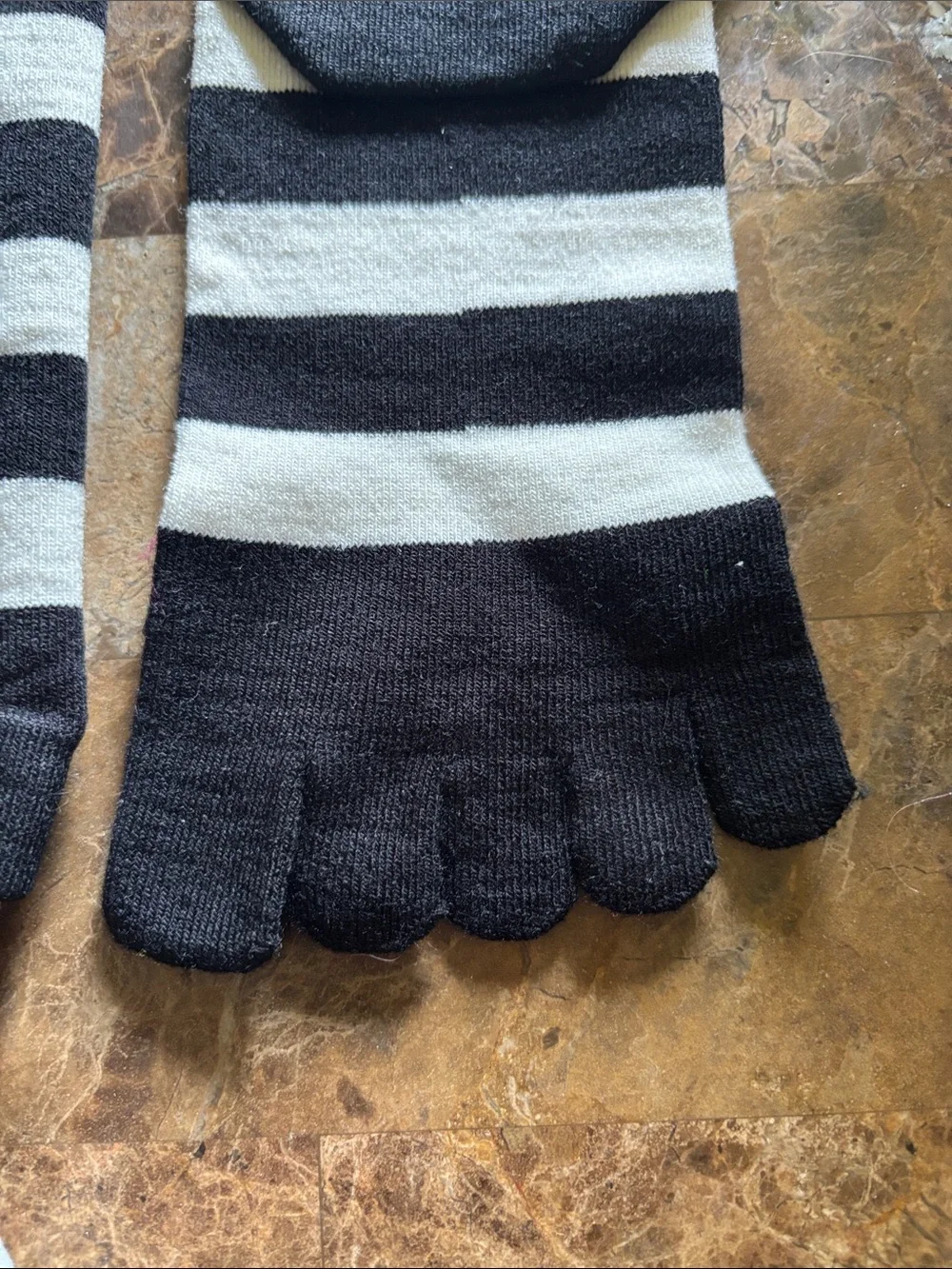 Perfectly Posh Black & White Striped Knee-High Toe Socks with Pink Logo